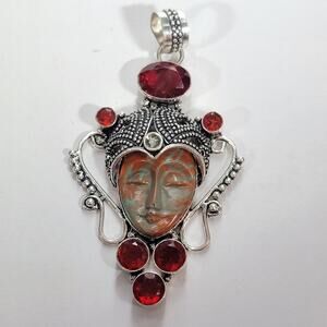 Goddess Pendant Carved Stone Face Sterling Silver with Garnet